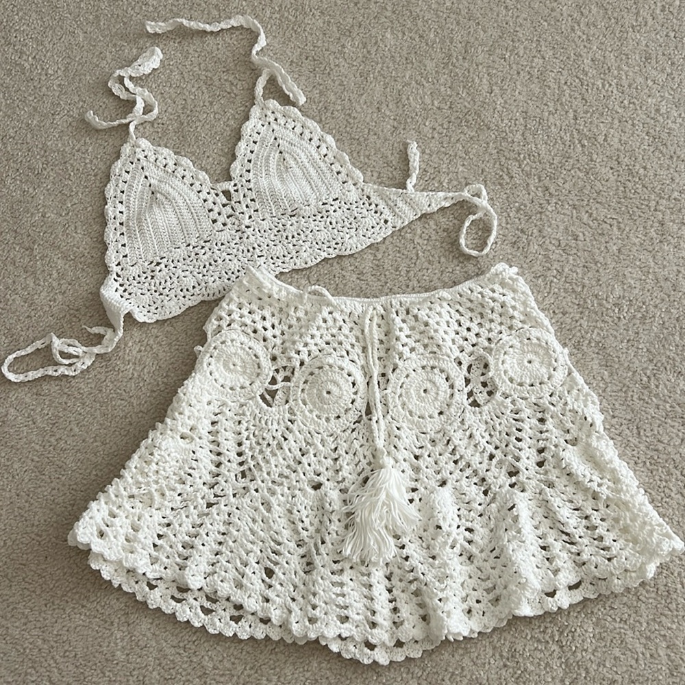 White Crochet Swim Cover up 2pc - Size Small